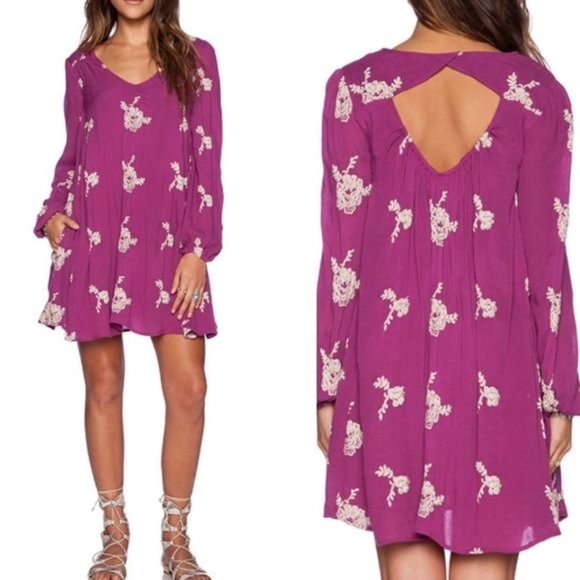 Free People Dresses & Skirts - Free People Emma Embroidered Swing Dress Purple